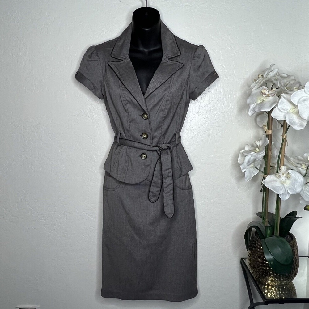 Iz Byer California 2 pc Suit Jacket + Skirt Short Sleeve Belted Sz 5